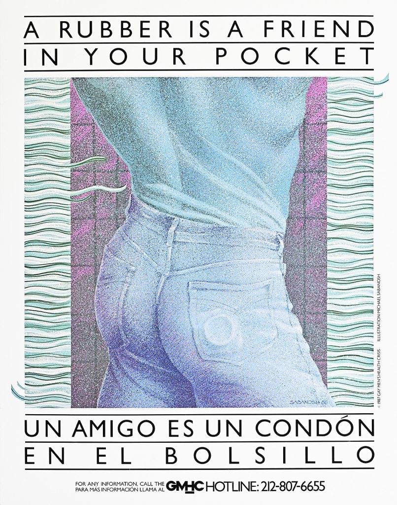 Poster of an illustration of the back of a man's torso, the silhouette of a condom in his back pocket.