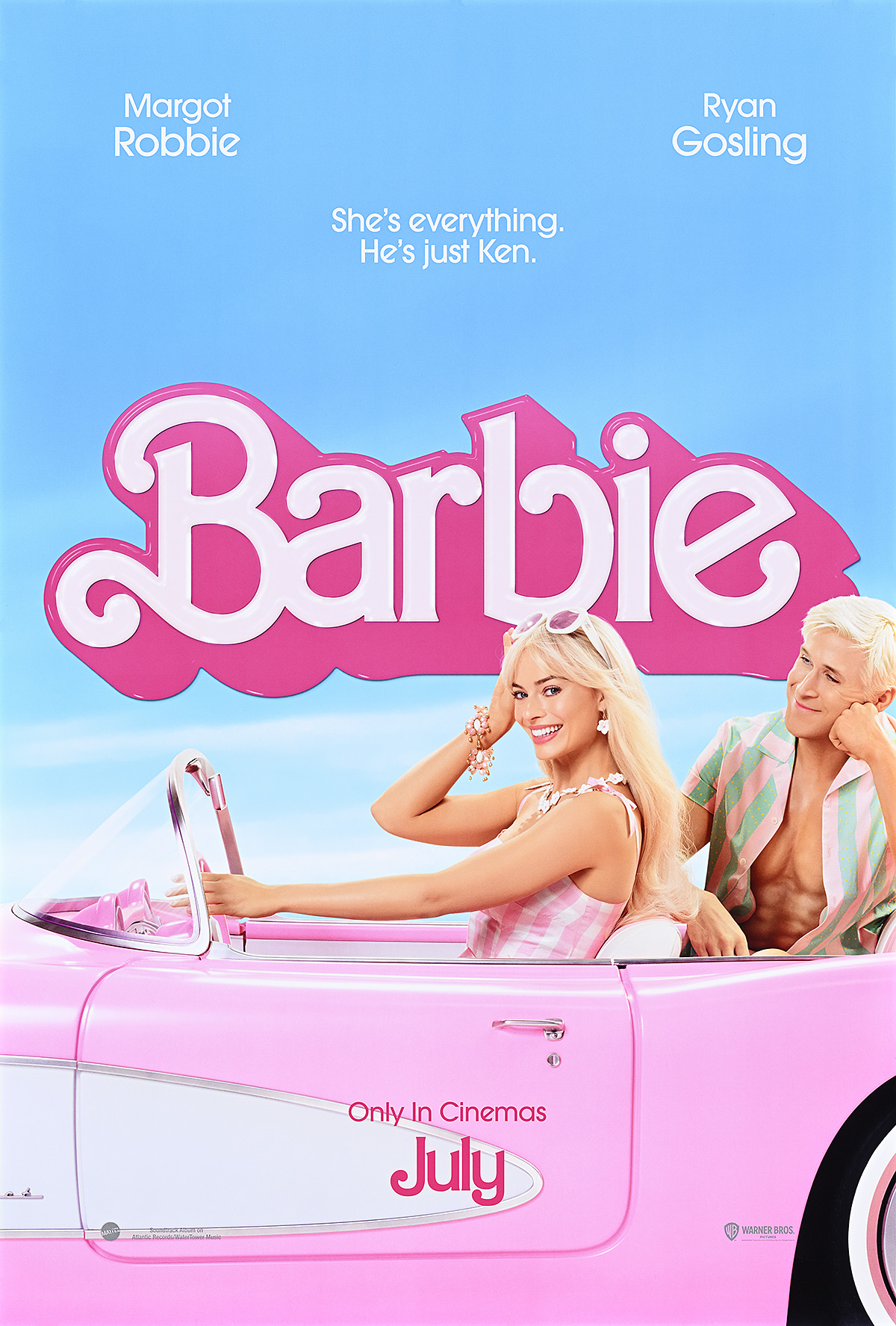 A movie poster of Barbie in a car with the text 