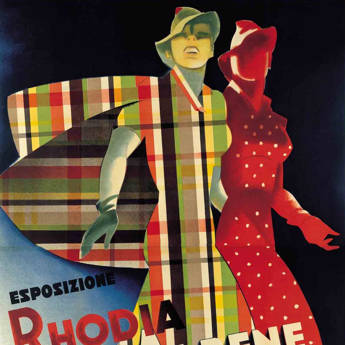 Art Deco poster featuring two female figures dressed in quality outfits with rich patterns