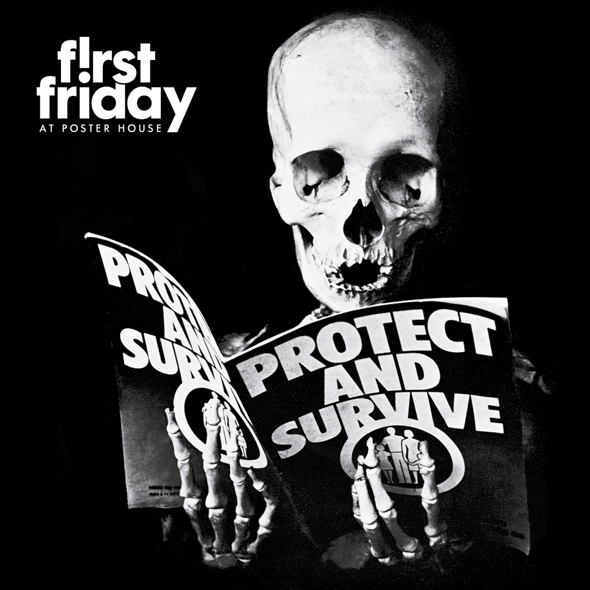 Skeleton reading Protect and Survive pamphlet