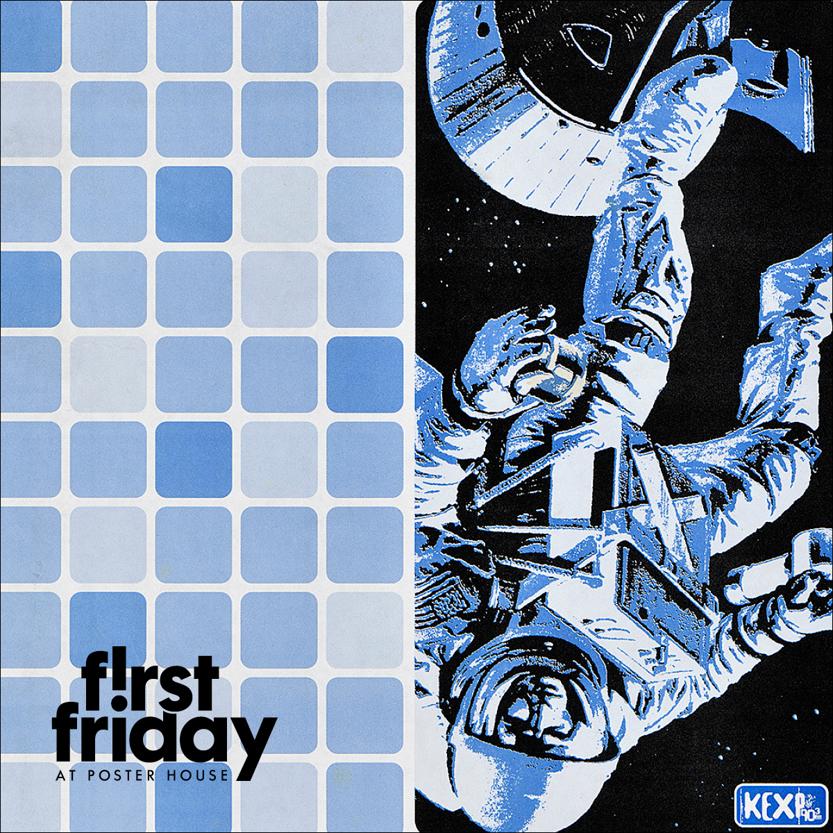 Half split image with an upside down astronaut on the right and grid of blue and off white tiles on teh left