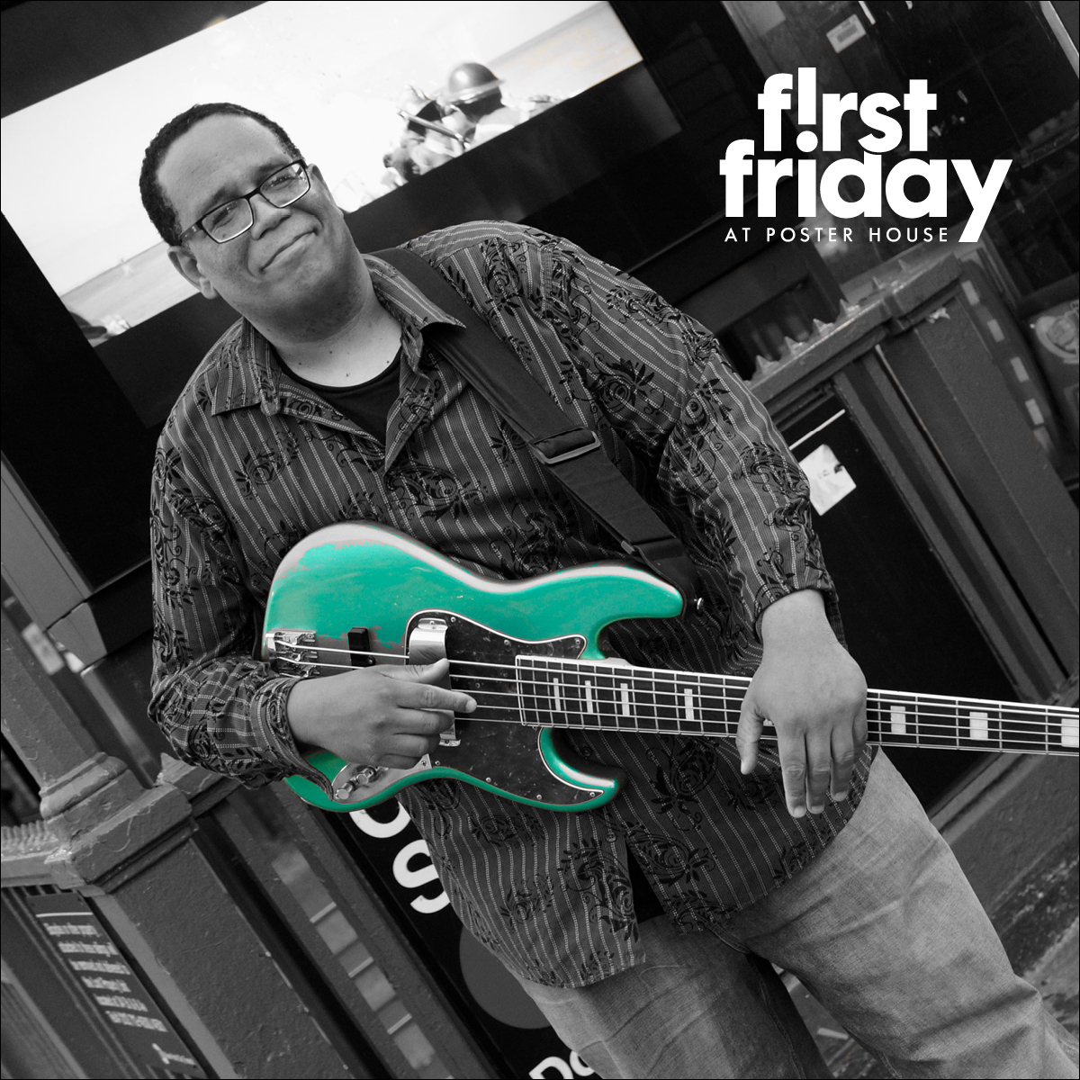 Musician John Benitez in a black and white photo holding a turquoise guitar