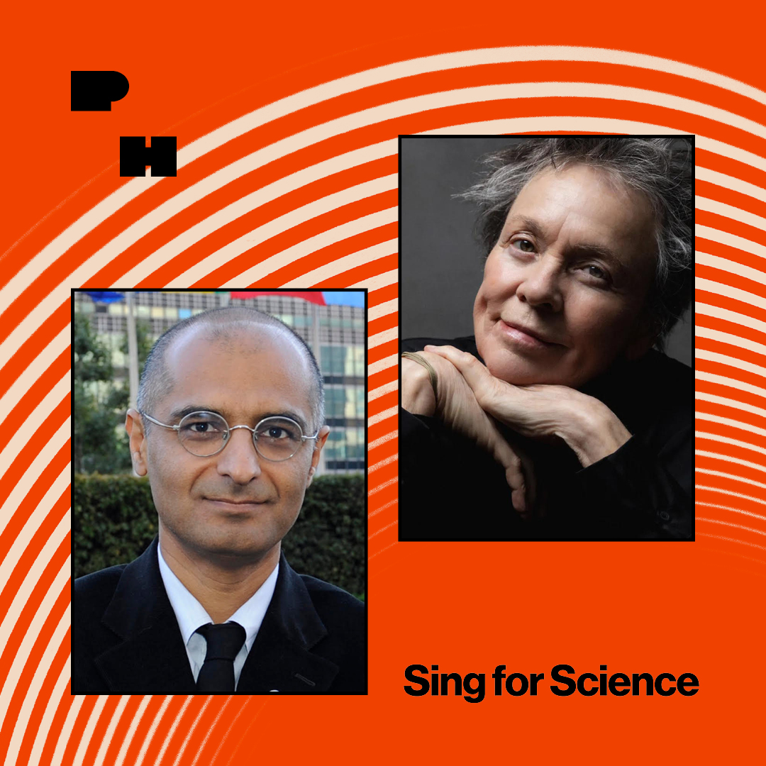 Two photographs of main event speakers over an orange background with elements of Sing for Science logo