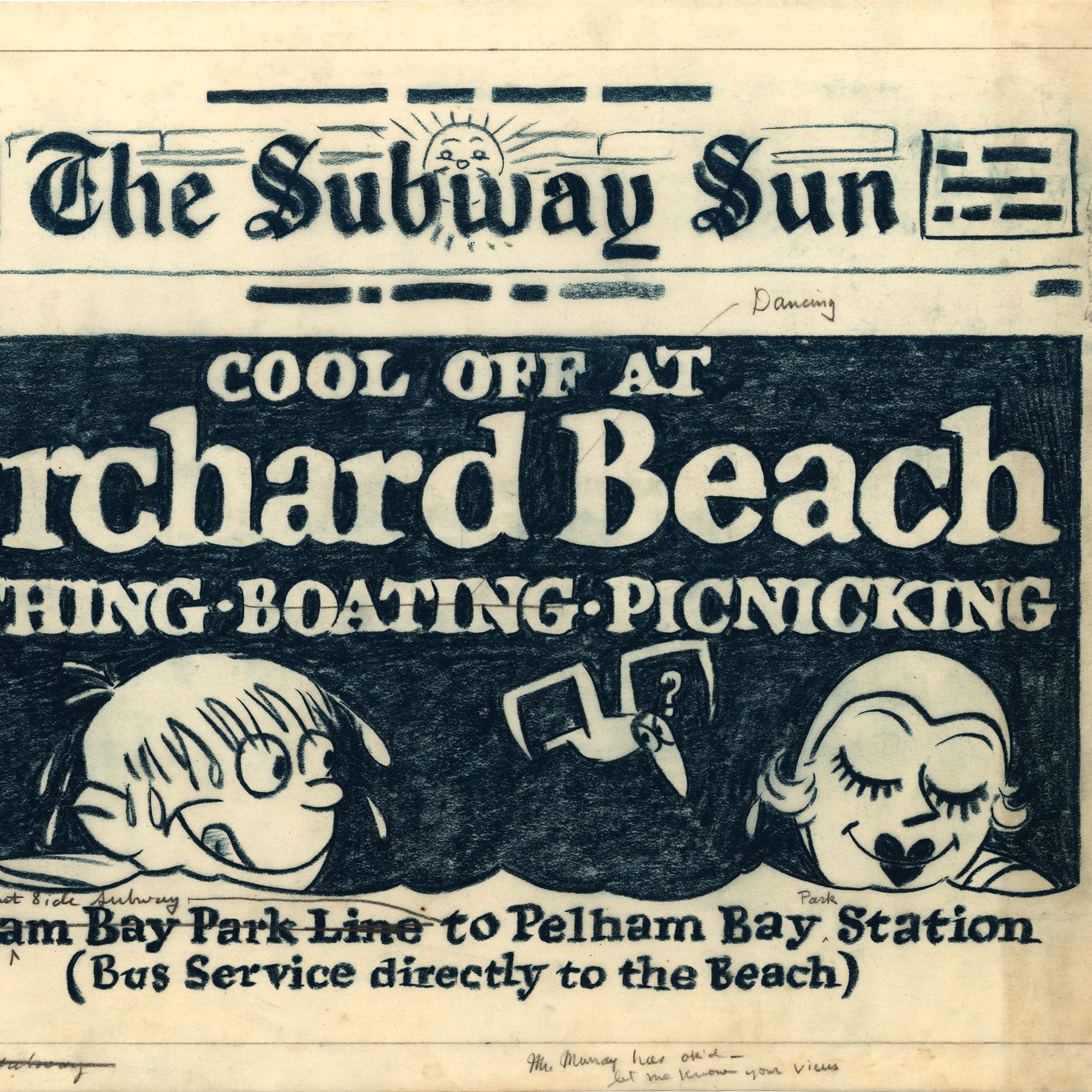 A maquette of a Subway Sun poster advertising Orchard Beach