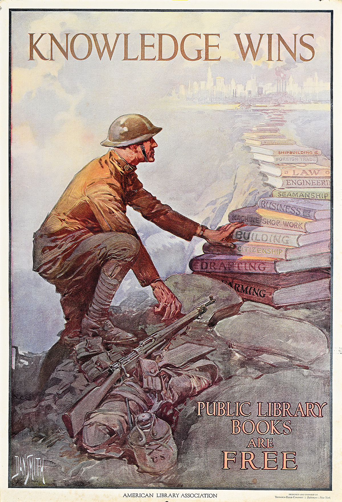 Poster of a soldier climbing a tower of books toward a city.