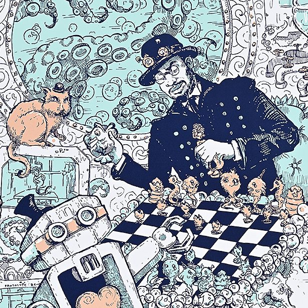 Illustration of a man dressed in a navy bowler hat playing chess with a robot.