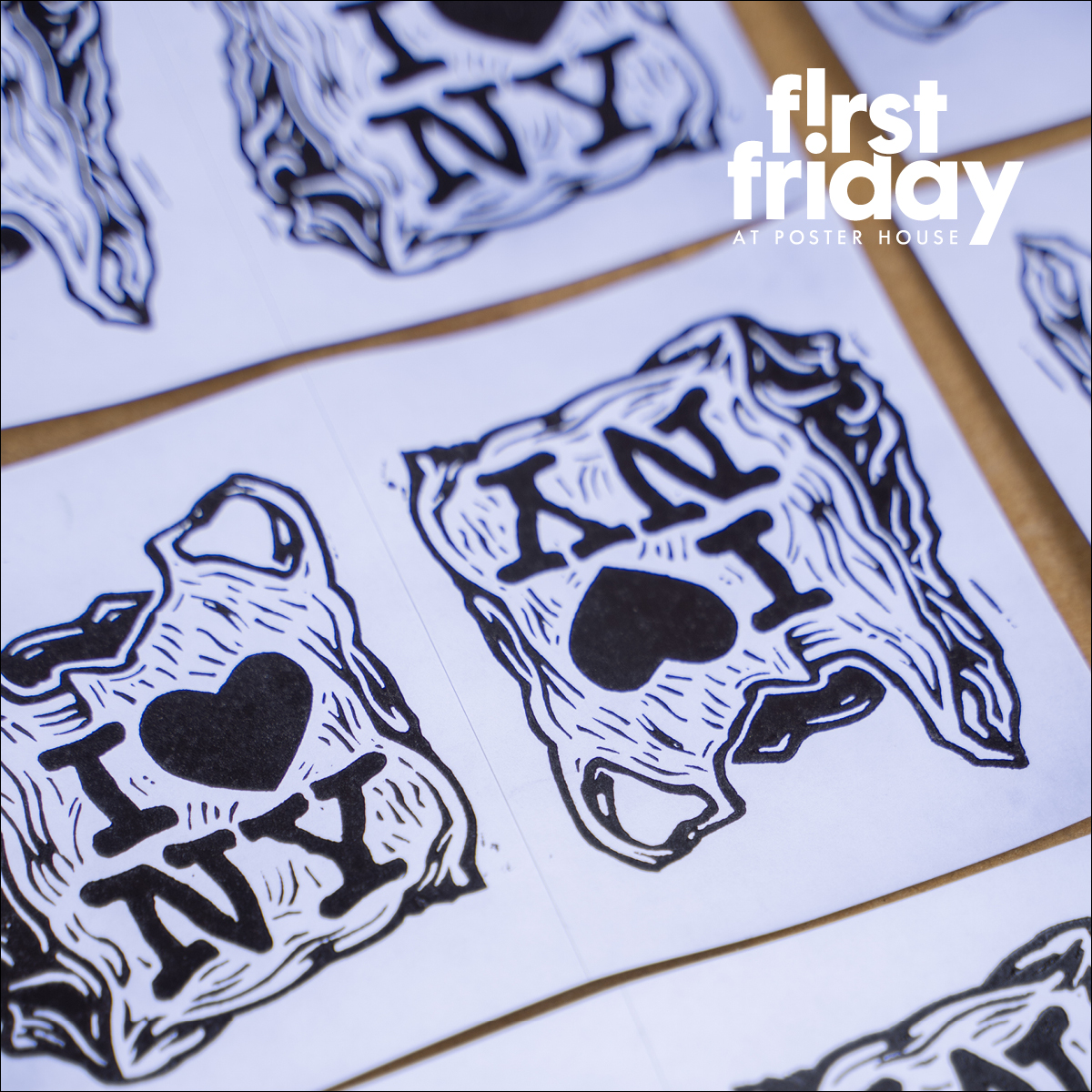 Pattern of woodblock-like illustrations of I love NY bodega bags