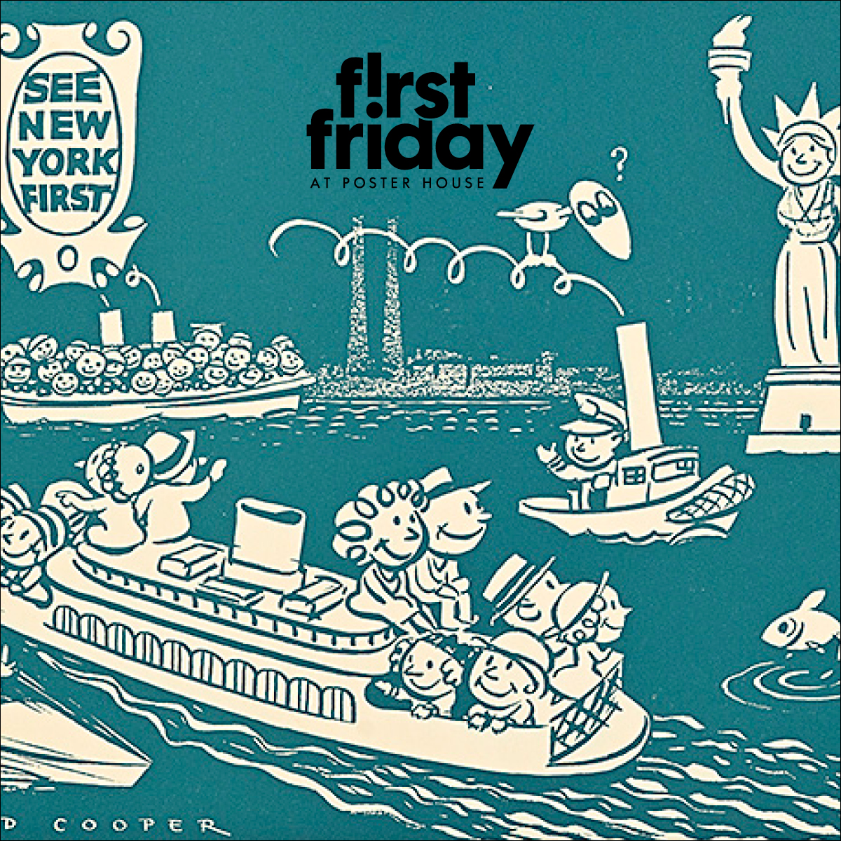 A poster of cartoon people on a boat in front of the statue of liberty
