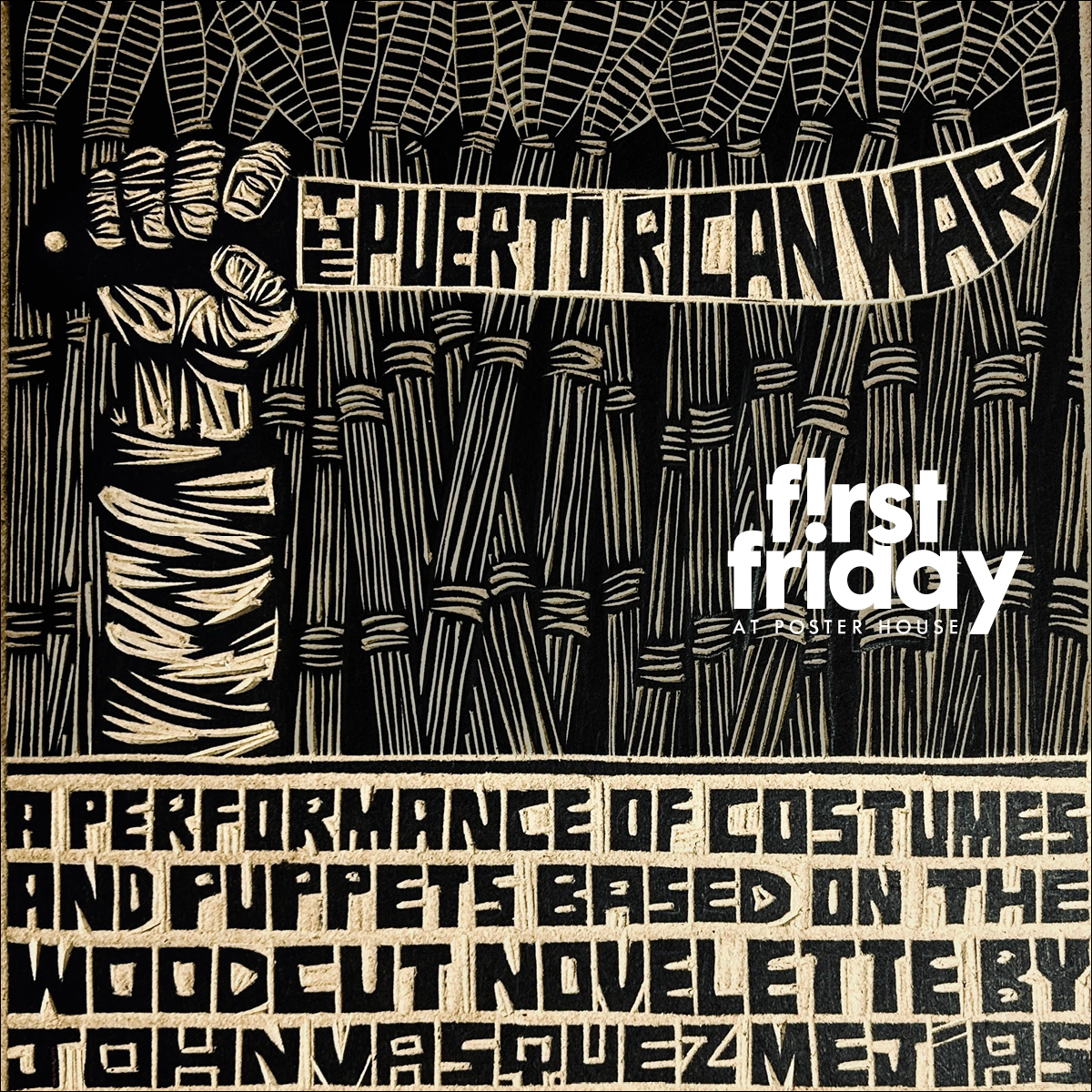 Woodcut-like image with a raised hand holding a sword or machete