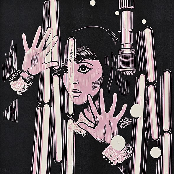 Illustration of a woman in black and pink with her hands raised in front of her face, surrounded by vertical bars and circles.