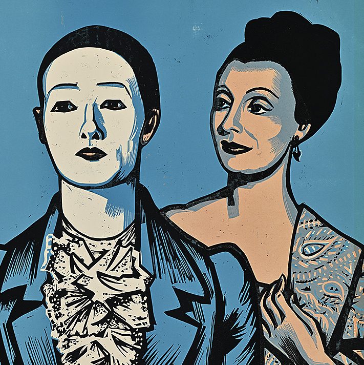 Illustration of a person in white face makeup, a white ruffled shirt, and a blue blazer, with another figure standing slighting behind, casting their gaze upon them.