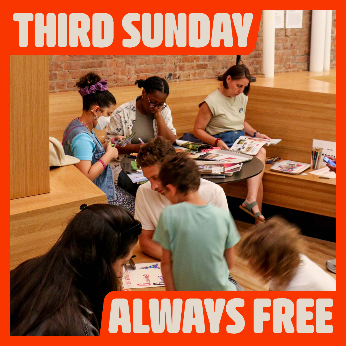 Digital image of a group of people sitting around a circular table, coloring and collaging.