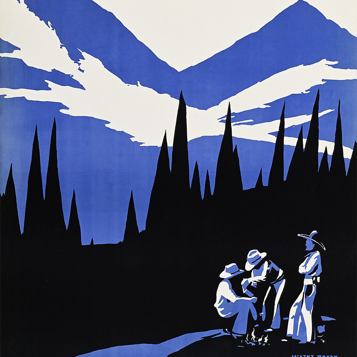 Poster of three cowboys gathered around a fire, set against the silhouette of trees and a mountain.