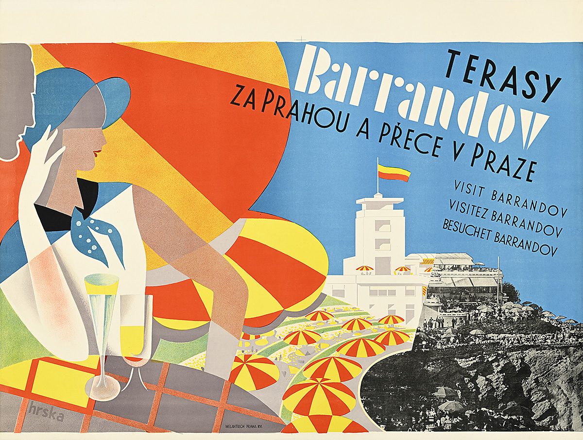 Poster of a geometric female figure lounging under a parasol watching a luxury hotel.