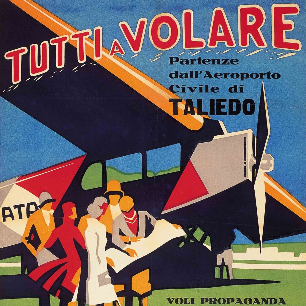 A poster showing a group of well dressed, featureless figures gathered next to a biplane illustrated in rich, bold colors with the words