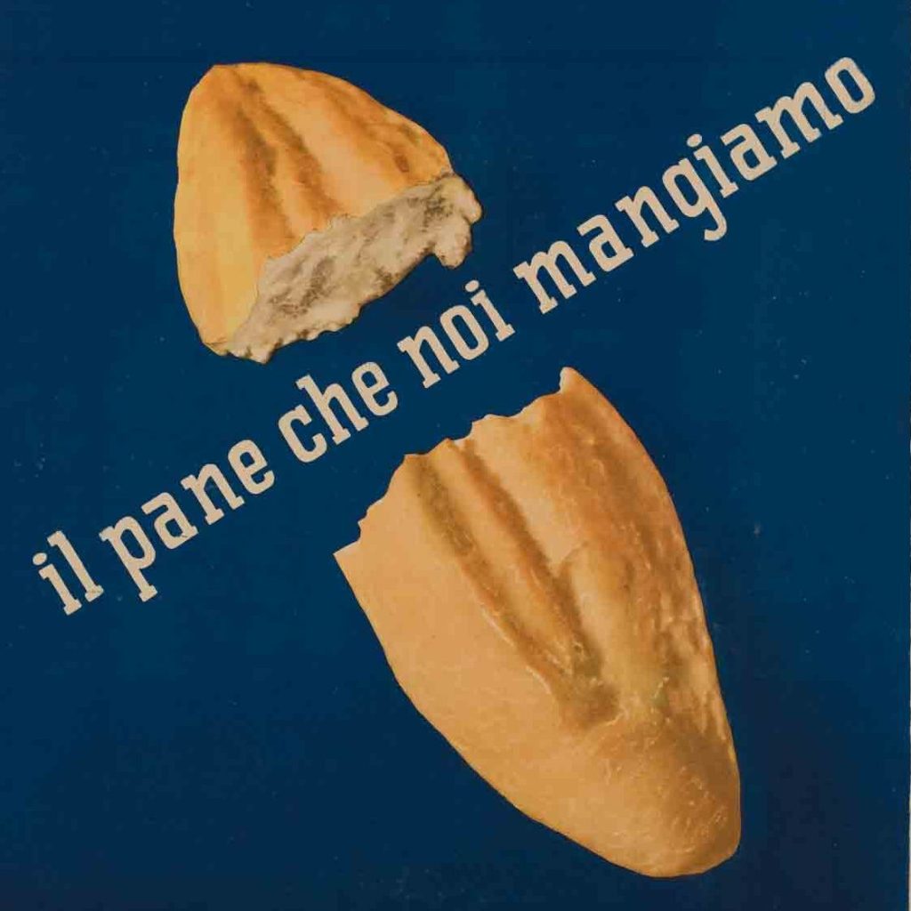 Poster showing an illustrated loaf of bread bisected by text set on a diagonal that reads
