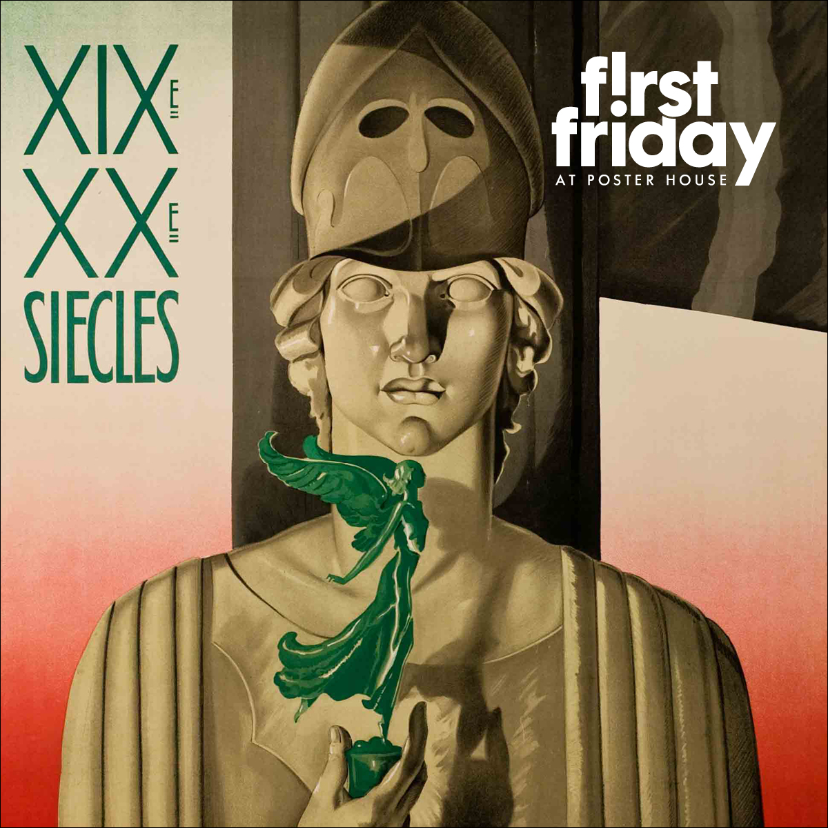 Illustrated poster of a white statue of the goddess Roma, who is holding a smaller, green statue of winged victory, set against a white to red ombre background.