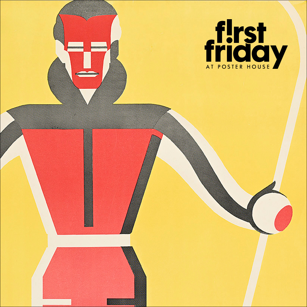 Poster of a stylized figure illustrated in red, black and white, holding a ski vertically next to them, set against a bright yellow background.