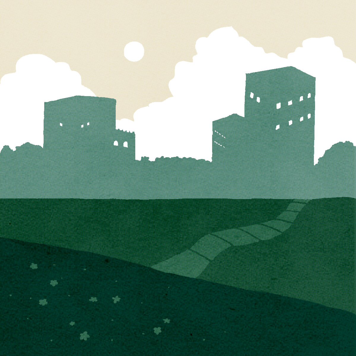 A silhouette of a simple urban skyline in green, with white clouds above and a dark green field in the foreground.