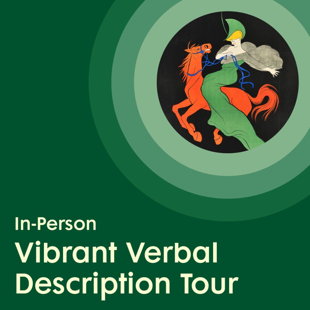 Graphic with a forest green background, featuring an illustrated figure riding a horse, surrounded by light green concentric circles, placed above white text promoting an in-person Vibrant Verbal Description Tour.