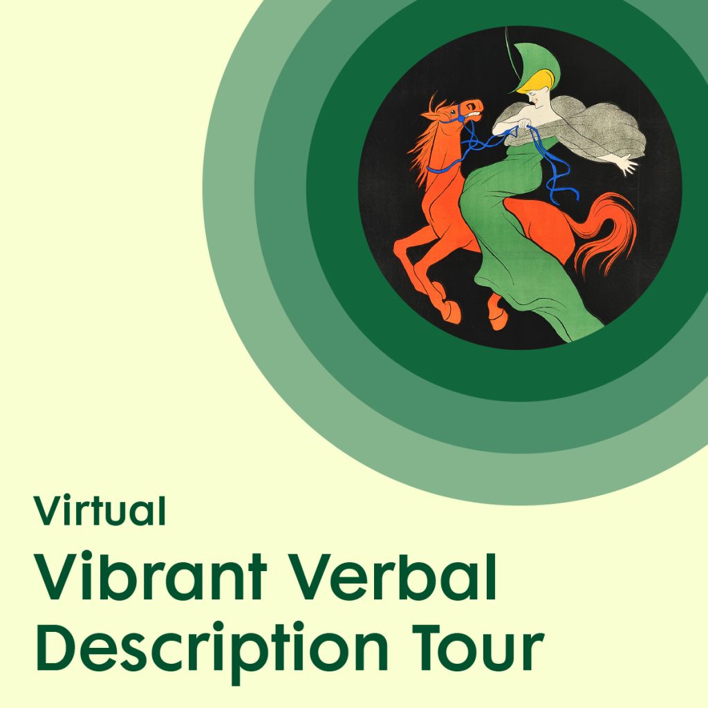 Graphic with a light yellow background, featuring an illustrated figure riding a horse surrounded by green concentric circles, placed above green text promoting a virtual Vibrant Verbal Description Tour.