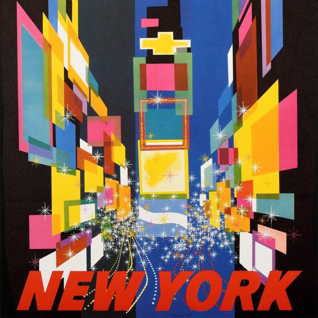 A poster advertising TWA depicting Times Square with overlapping brightly colored geometric forms.