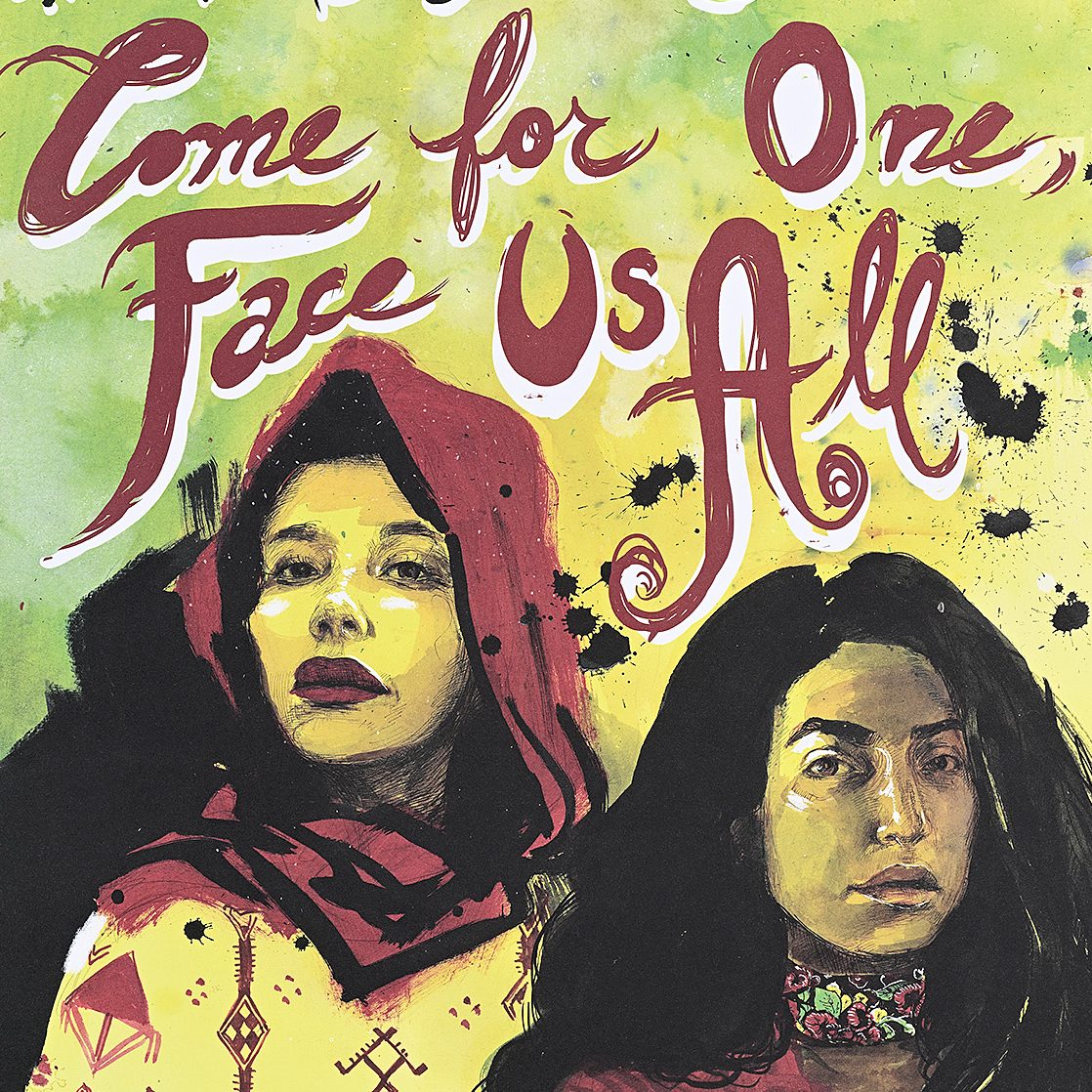 Illustrated poster by artist Molly Crabapple of two women with handwritten text that says