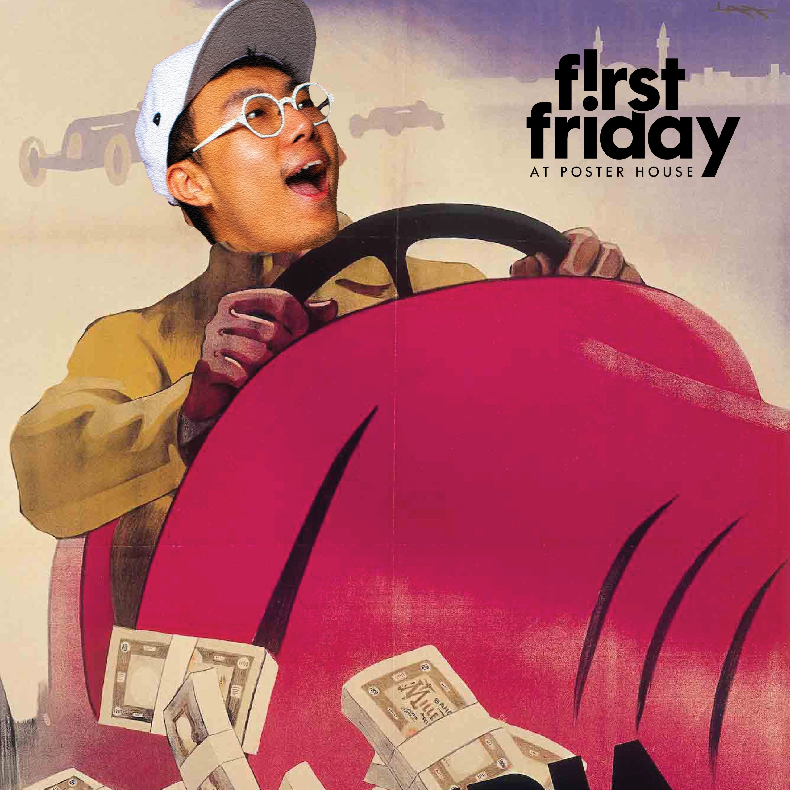 A mixed media image of a man driving a vintage car with the First Friday logo next to him