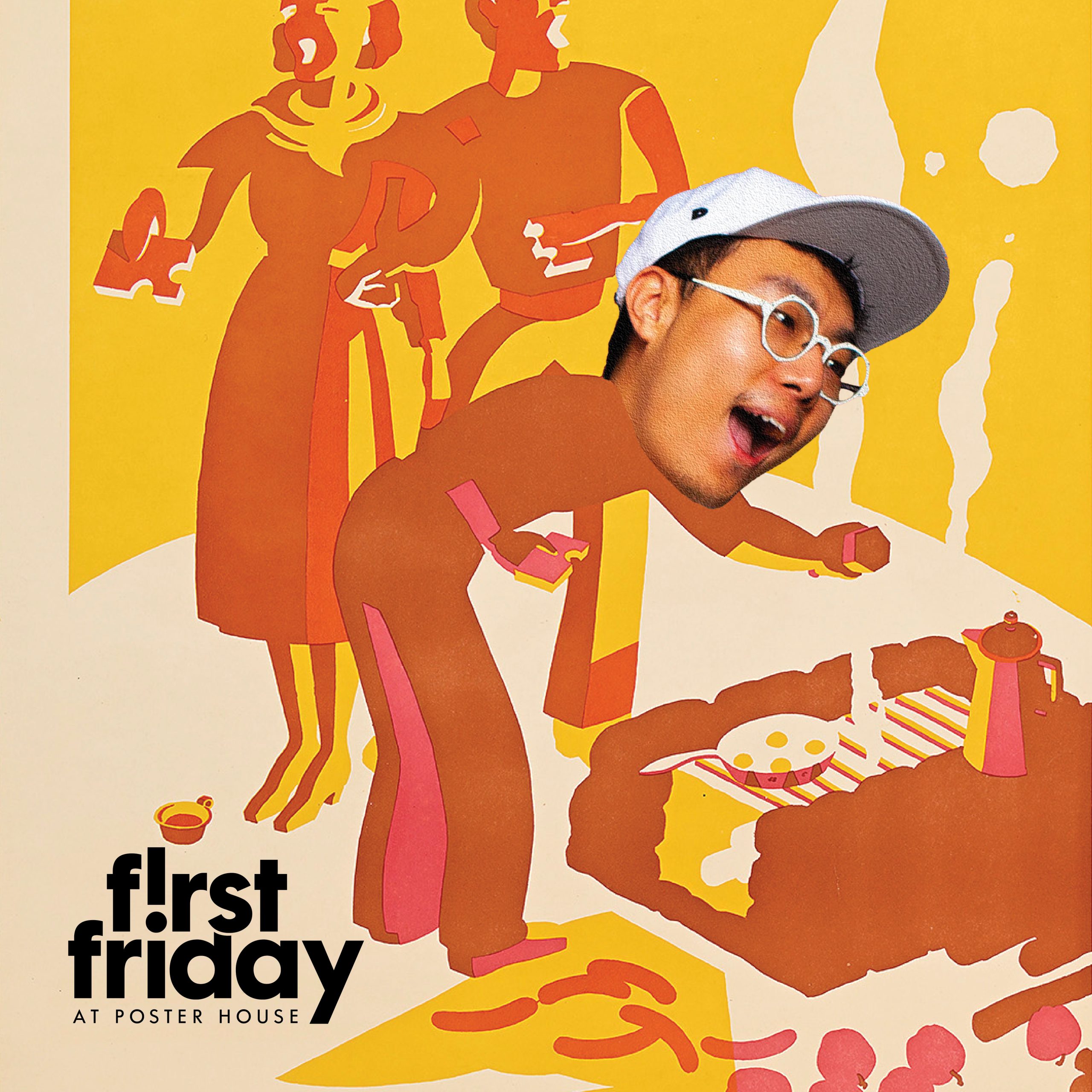 Illustrated poster featuring a group of people standing around a grill, with a digital photograph of a man's head collaged onto one of the bodies.
