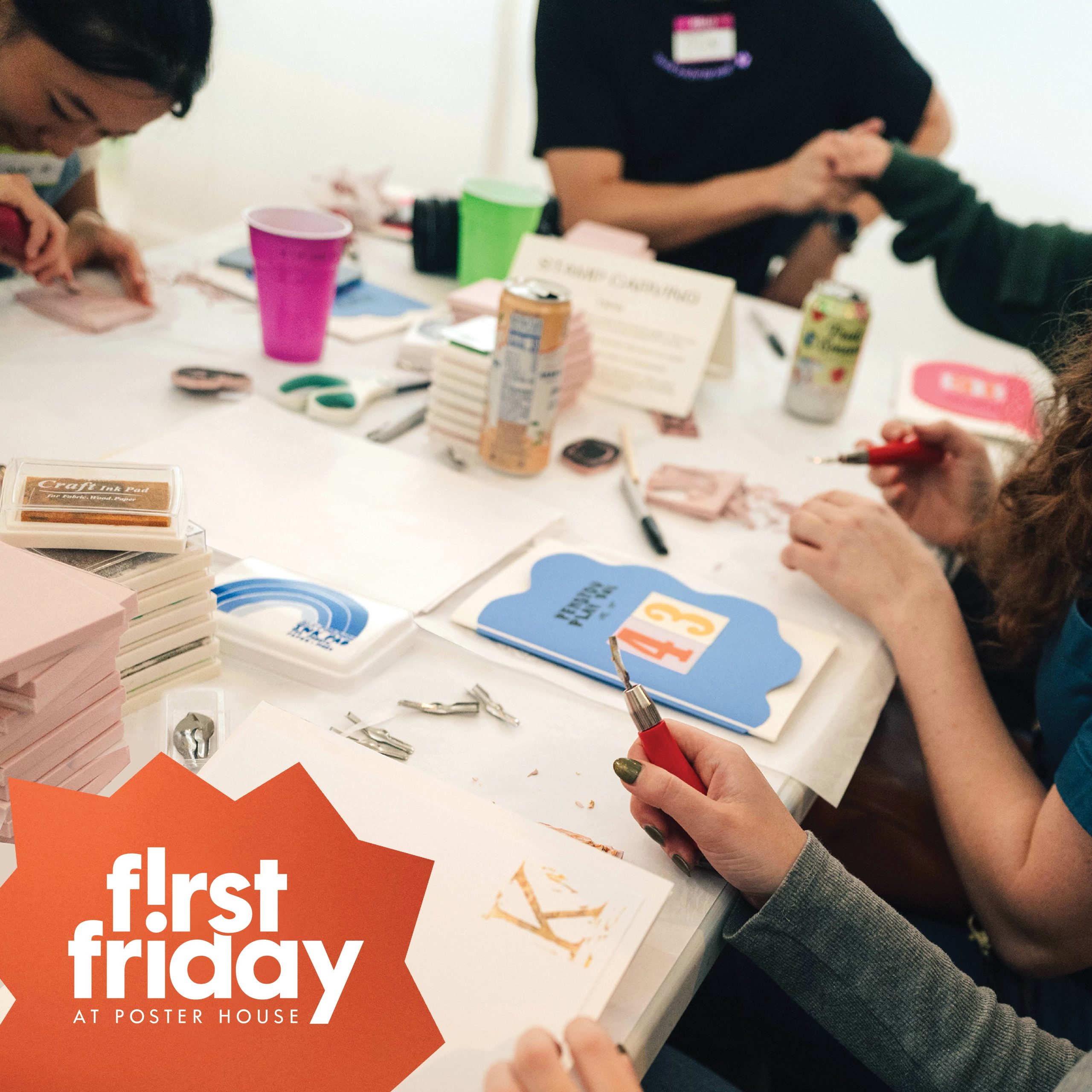 Digital image of people doing a craft in a workshop with the First Friday logo imposed on top.