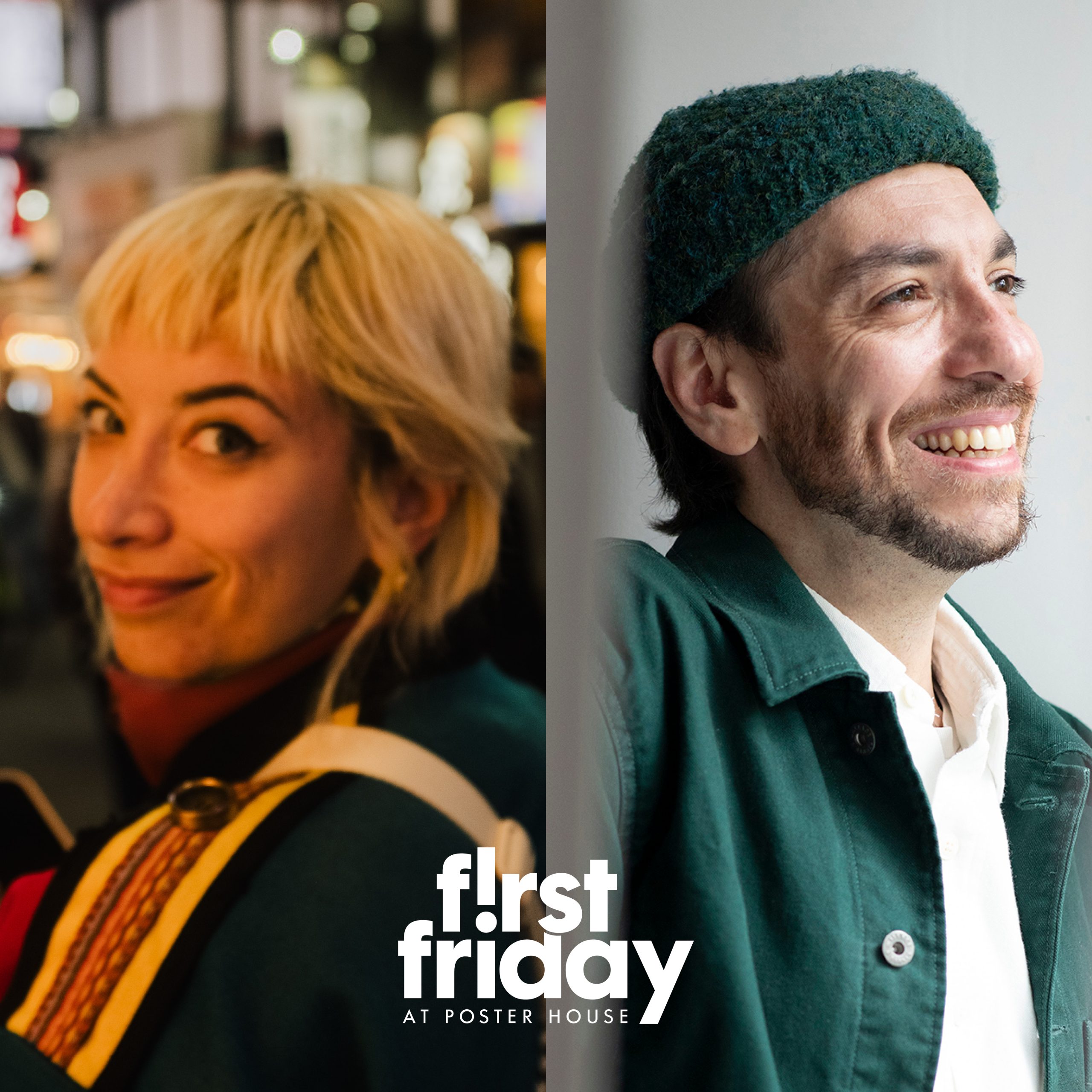 Two digital image headshots of a man and a woman with the First Friday logo superimposed on top.