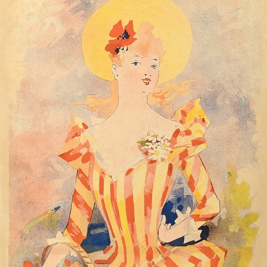 A full-color lithographic proof featuring a woman with a bouquet wearing a billowy striped dress.