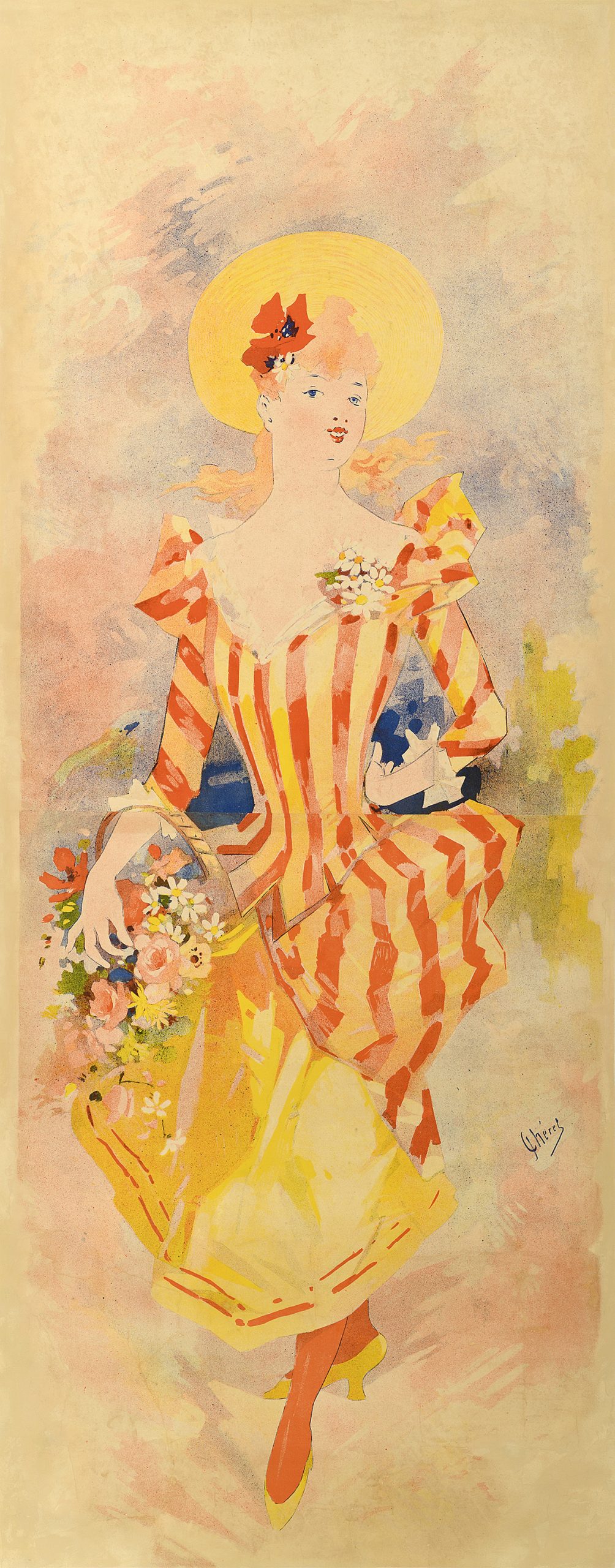 A full-color lithographic proof featuring a woman with a bouquet wearing a billowy striped dress.