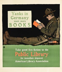 A poster of a man in uniform sitting down and reading a book on top of a green rectangle.