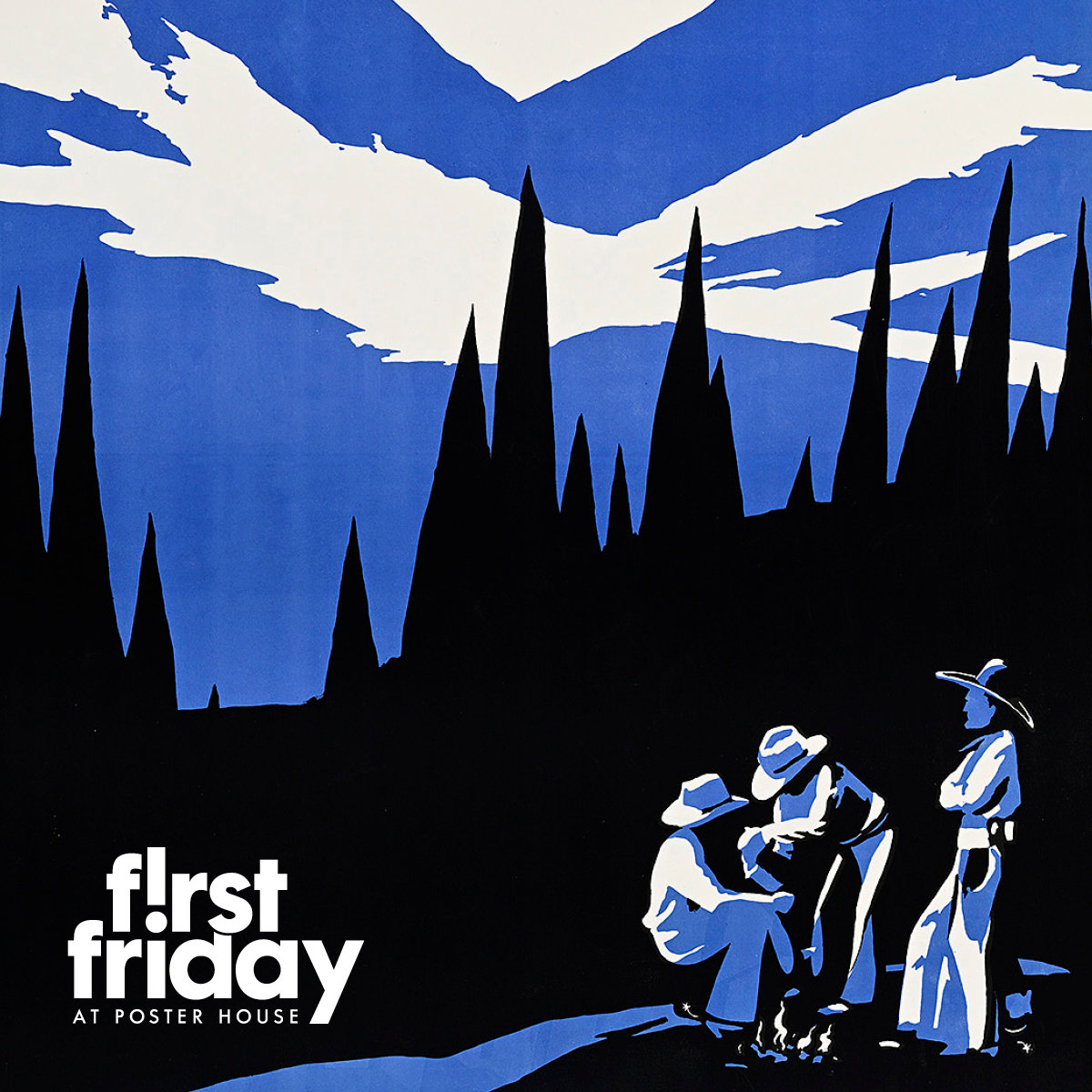 Digital advertisement promoting First Friday featuring a poster by Dorothy Waugh
