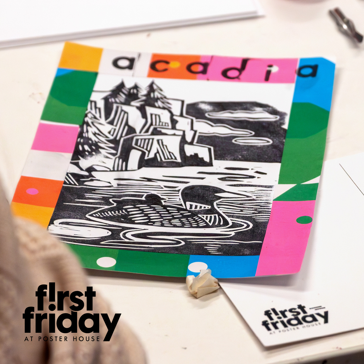 Digital image of a postcard featuring the First Friday lockup