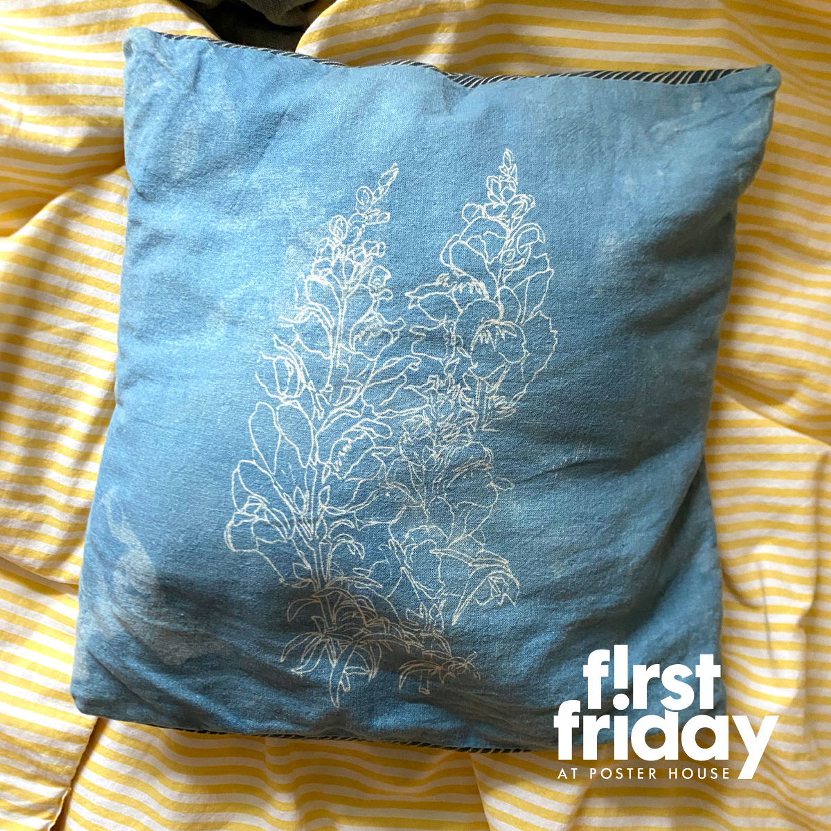 digital photo of screenprinted fabric featuring the First Friday lockup superimposed on top