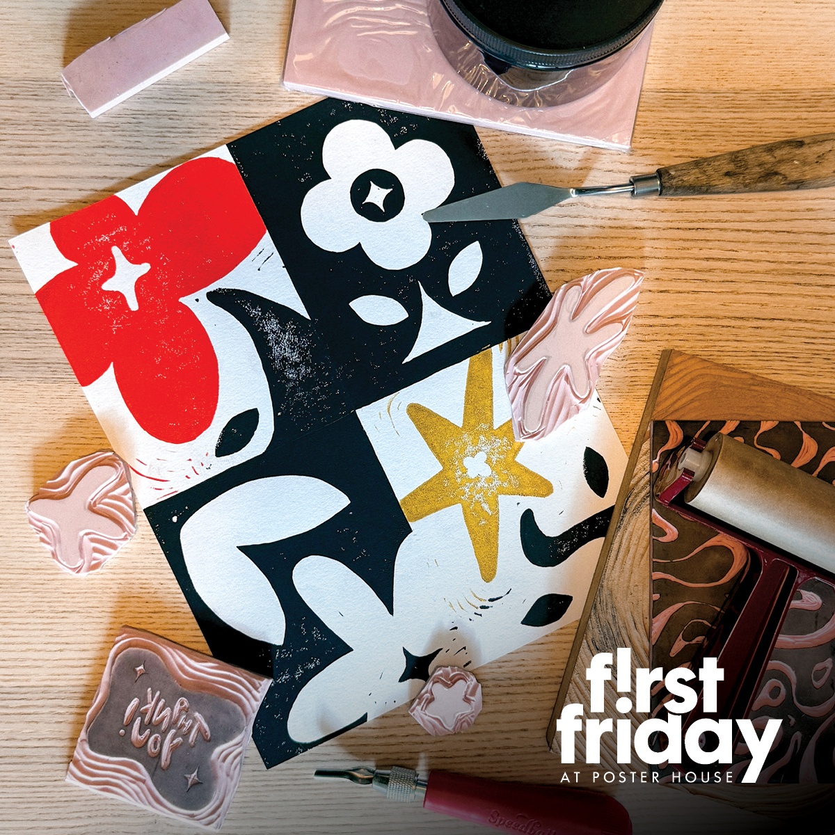 digital image of a linocut print with the First Friday logo superimposed on top