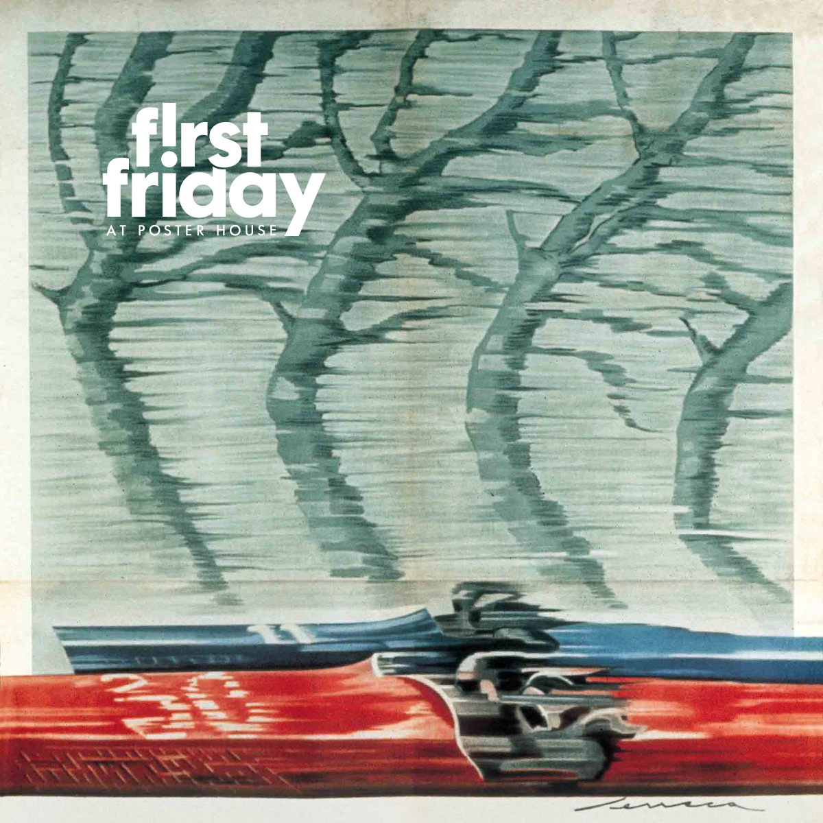 Illustrated Italian poster with First Friday lockup superimposed on top.