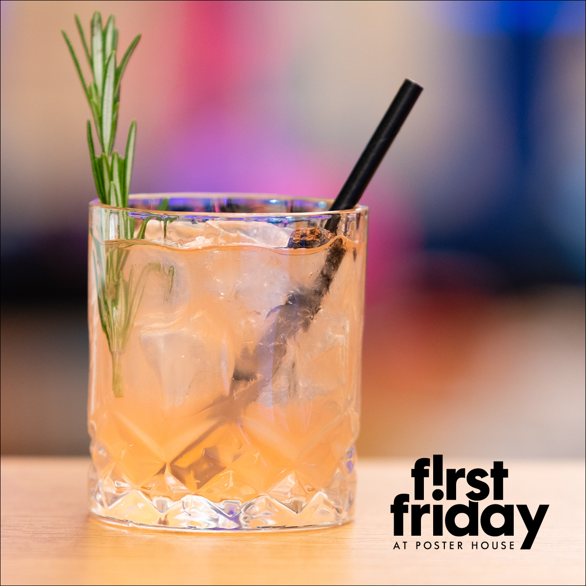 Digital photo of a peach colored cocktail with the First Friday lockup superimposed on top