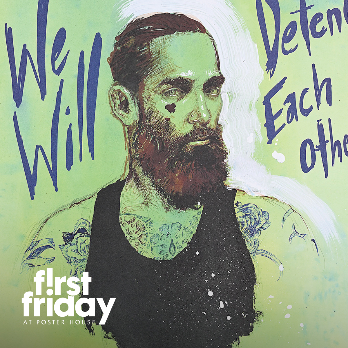 a poster by Molly Crabapple with the First Friday lockup superimposed on top