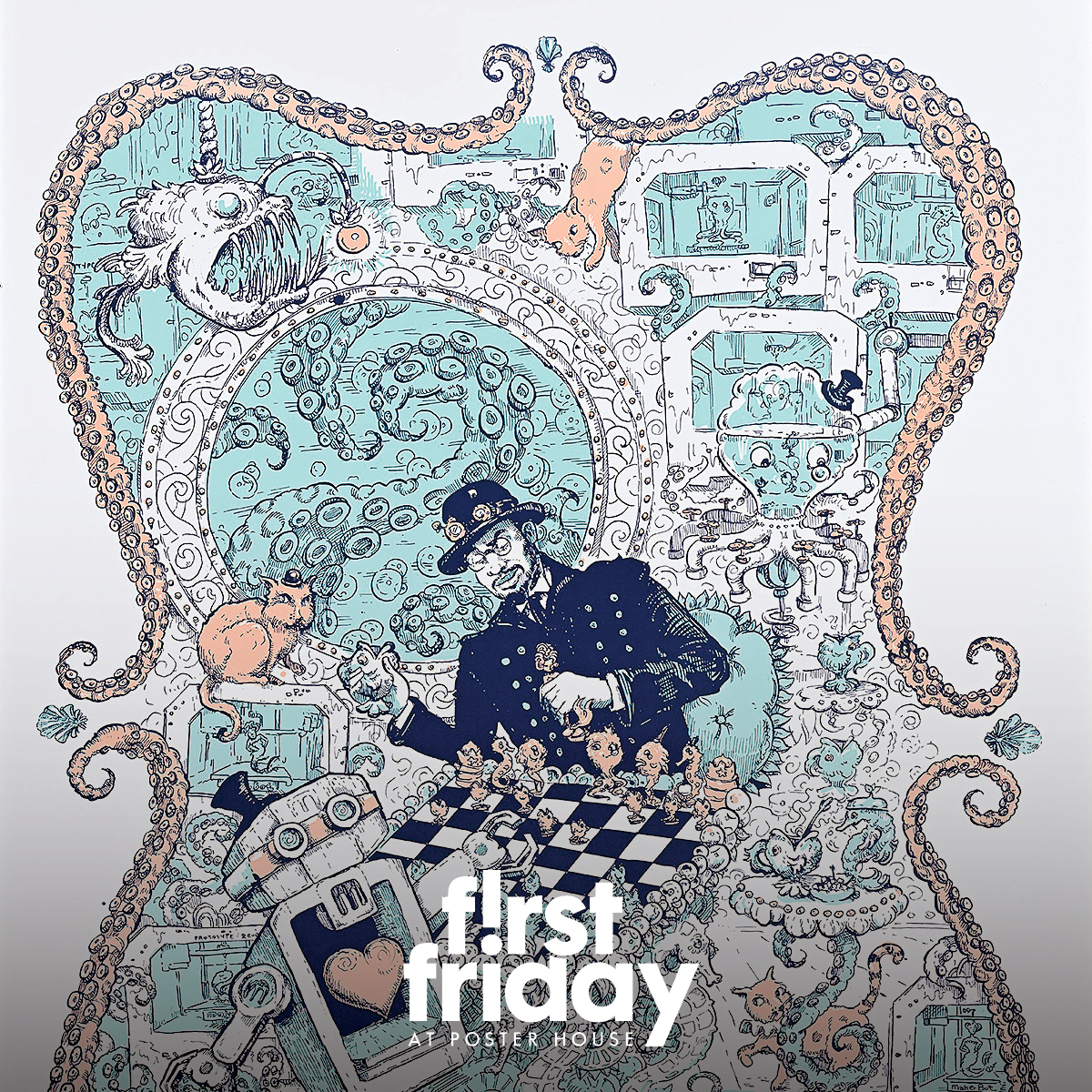 a poster by Molly Crabapple with the First Friday lockup superimposed on top