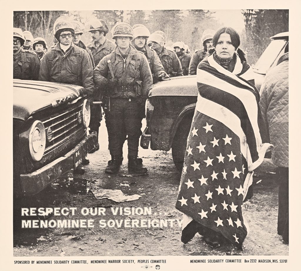 Poster of a woman wrapped in an american flag surrounded by soldiers.