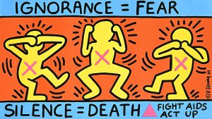 A poster of three yellow cartoon figures with a pink x on their torsos on an orange background.