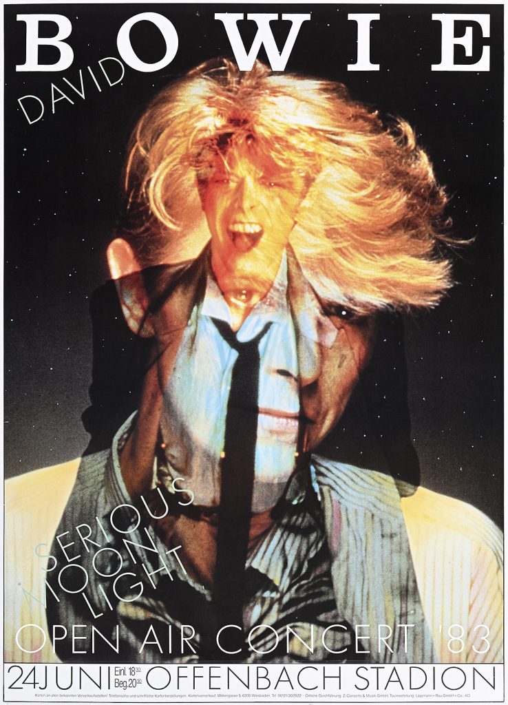 Poster of David Bowie with a projection of him singing on top of himself.