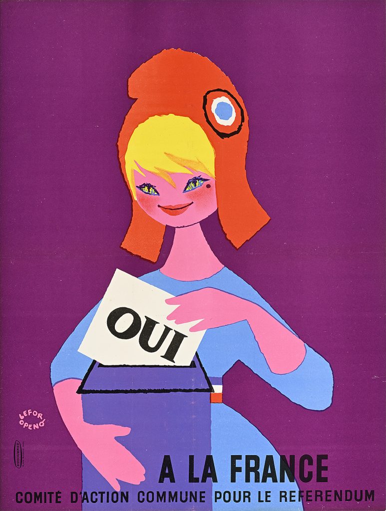 Poster of a young woman putting a yes ballot in a box.