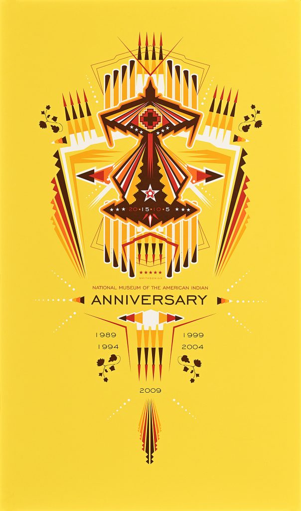 Poster of a choppy, line-driven design on yellow paper.