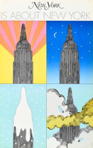 A poster by Milton Glaser reading "New York is about New York" with the Empire State Building shown in four different seasons