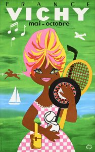 Woman holding a tennis racket, roulette wheels, and other sporting equipment in front of a lush lawn.