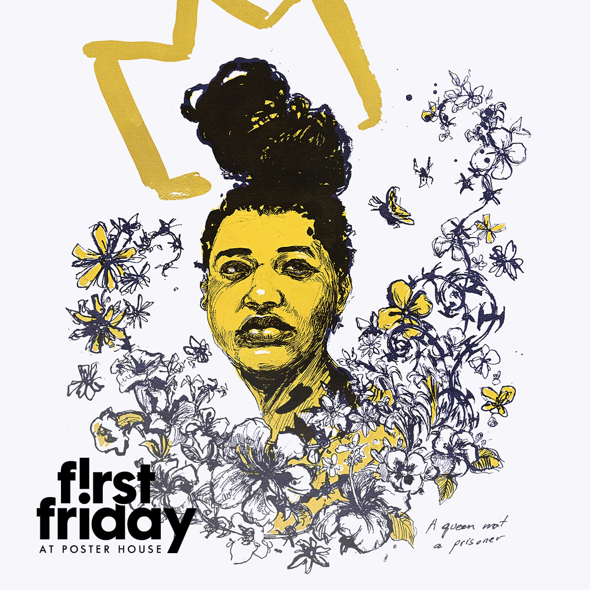 Illustration of a woman surrounded by flowers with the First Friday lock-up in the lower left corner